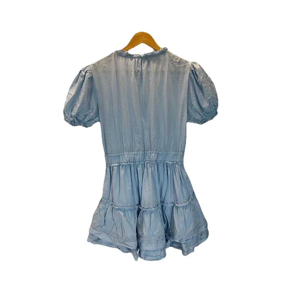 Mable Tiered  Mini Dress Blue Puff Sleeve‎ Ruffle Cottagecore Size M Flounce